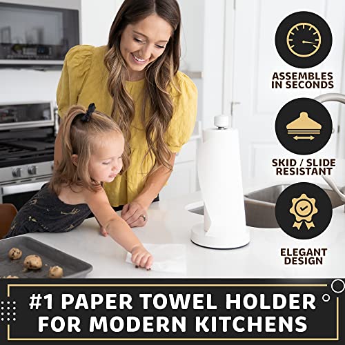Heavy-Duty Stainless Steel Paper Towel Holder - Easy One-Handed Tear with Suction Cups - Modern Weighted Standing Countertop Dispenser for Kitchen - Holds All Paper Towel Rolls, White - color: White