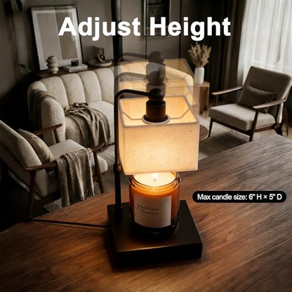 Candle Warmer Lamp with Timer, Dimmable, Adjustable Height, Modern Farmhouse Linen Shade, Black Candle Warming Lamp for Up to 6-Inch Jar Candles, 2 Bulbs Included - color: Flaxen-Rectangular