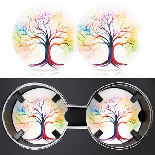 2 Pack Cup Holder Coaster, 2.63inch Anti Slip Insert Absorbent Ceramic Coaster With Cork Base and Finger Notch, Cute Car Accessories Interior for Women (Tree) - color: Tree