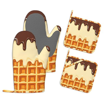 Heat Resistant Pot Holders and Oven Mitts,Funny Waffles Extra Long Kitchen Oven Mitt Set,Chocolate Cream Cotton Lining Anti-Slip Waterproof Kitchen Mittens Hot Pan Holder for Baking Cooking Grilling - color: Funny Waffles