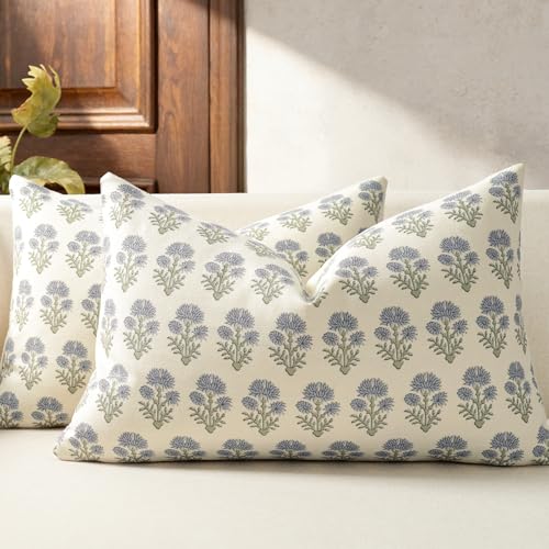 Farmhouse Floral Pillow Covers 12x20 Set of 2, Country Botanical Throw Pillow Cover for Sofa Couch Bed Living Room, Rustic Vintage Flower Cushion Covers Cottage Home Décor,Dusty Blue - color: Dusty Blue, size: 20" x 12" (Pack of 2)