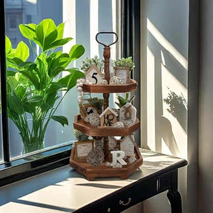 MRPAPA Tiered Tray Stand Wood Tier Serving Tray, Three Decorative Trays, Wooden Cupcake Stand 3 Tiered Farmhouse Trays for Home Decor(L 13.8” W 12.5” H 21.8”)