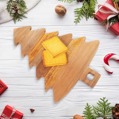 Christmas Tree Cutting Board Wood, Christmas Tree Shaped Charcuterie Board with Handle, Acacia Wood Christmas Tree Wooden Serving Tray, Christmas Gift Decor