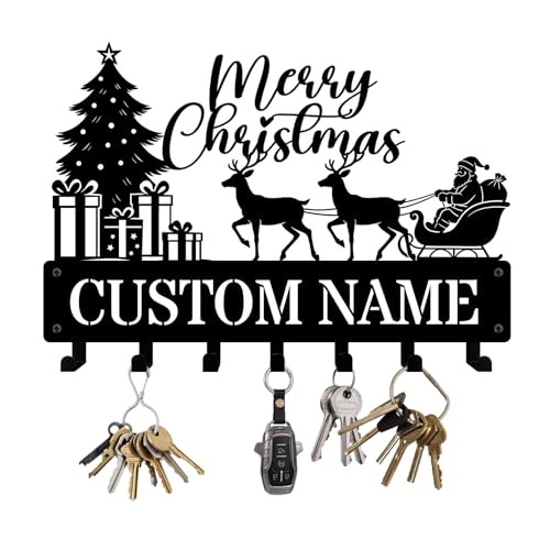 NIWAHO Personalized Key Holder Wall Mount Santa Sleigh Metal Coat Hooks – Custom Name Key Hanger Rack for Wall, Entryway, Kitchen, Front Door, Hallway, Christmas Home Decor - color: Christmas
