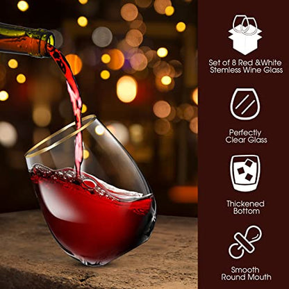 Mimorou Stemless Wine Glasses & Gold Rim, Set of 8, 15 oz Red Wine Glasses | Gold Rimmed, Elegant Style, Stable Base Prevents Tipping, for Wedding Party Events or Daily, as a Housewarming Gift