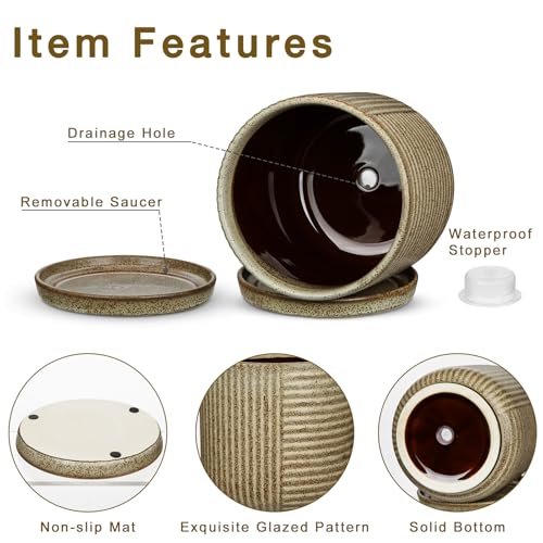 Oairse Ceramic Pots for Indoor Plants, 6.1 +4.9 inch Pots for Plants Set of 2 Brown Plant Pots with Drainage Holes and Saucers Texture Ceramic Planters Indoor Outdoor Flower Pot for Succulent - style: Round Shaped