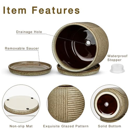 Oairse Ceramic Pots for Indoor Plants, 6.1 +4.9 inch Pots for Plants Set of 2 Brown Plant Pots with Drainage Holes and Saucers Texture Ceramic Planters Indoor Outdoor Flower Pot for Succulent - style: Round Shaped