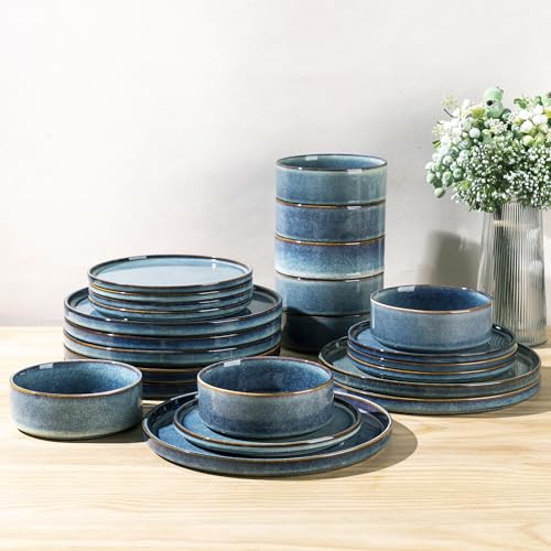 AmorArc Ceramic Dinnerware Sets for 8,24 Piece Plates and Bowls Sets Dishes | Stoneware Handmade Reactive Glaze Dishes Set | Highly Chip and Crack Resistant | Dishwasher & Microwave Safe - color: Ceylon Blue, size: Service for 8