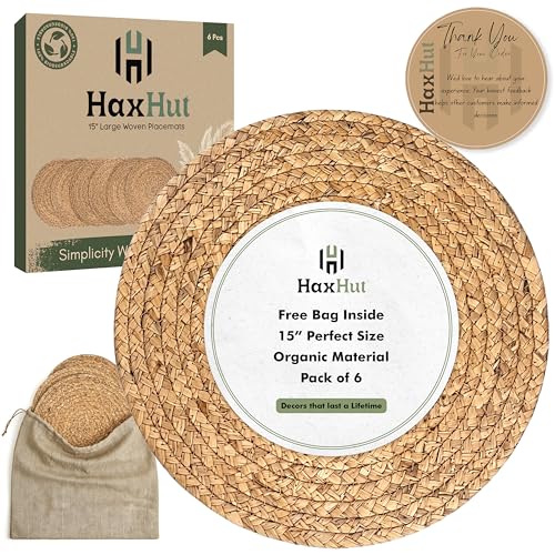 Round Woven Placemats Set of 6, Wicker Placemats for Dinner Plates | 15 Inch Natural Rattan Boho Style Braided Place Mats, Non-Slip, Heat Resistant, Dining Table Chargers with Bag for Storage - style: 15" Pack of 6