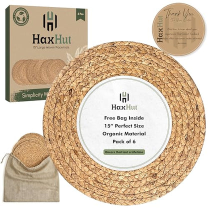 Round Woven Placemats Set of 6, Wicker Placemats for Dinner Plates | 15 Inch Natural Rattan Boho Style Braided Place Mats, Non-Slip, Heat Resistant, Dining Table Chargers with Bag for Storage - style: 15" Pack of 6