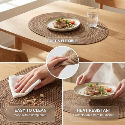 Placemats Set of 4, Woven Oval Braided Dining Table Mats(Brown) | 12 x 17.5 Inch Size Fits Plates and Flatware; Hand Washable and Heat Resistant for Kitchen Use, with Farmhouse and Boho Style - color: Brown, size: 4 pcs