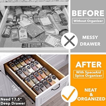 SpaceAid Spice Drawer Organizer with 20 Spice Jars, 386 Spice Labels, 4 Tier Seasoning Rack Tray Insert for Kitchen Drawers, 9-1/2" Wide x 17-1/2" Deep - size: 20 Jars, 9.5" Wide