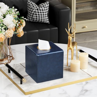 Square Tissue Box Cover with Magnetic Closure, Navy Blue | Luxury PU Leather Tissue Holder with Gold Tone Metal Opening, Fits All Standard Cube Tissue Boxes - color: Navy Blue