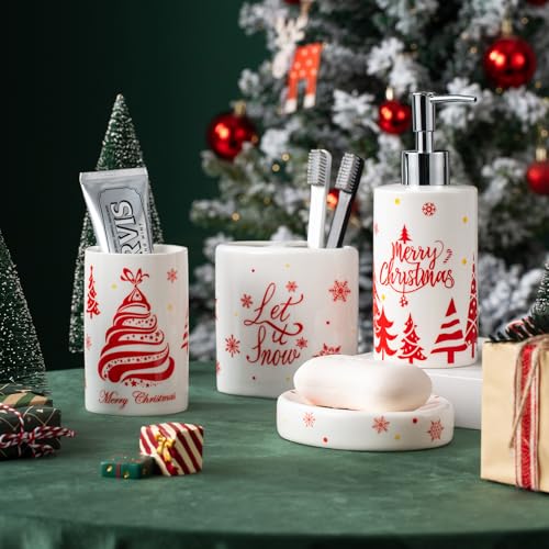 Christmas Bathroom Accessories Set, 4-Piece Ceramic Bathroom Accessory Set Include Lotion Dispenser, Toothbrush Holder Tumbler, and Soap Dish (White) - color: White