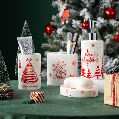 Christmas Bathroom Accessories Set, 4-Piece Ceramic Bathroom Accessory Set Include Lotion Dispenser, Toothbrush Holder Tumbler, and Soap Dish (White) - color: White