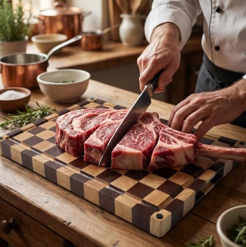 Checkered End Grain Cutting Board with Juice Groove & Handle | 17" x 12" x 1.2" Thick | Acacia & Rubber Wood | Reversible End Grain | Juice Groove | Meat, Bread & Vegetable Prep - color: Checkered Grooved Rectangular