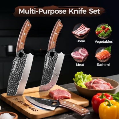 3PCS Butcher Knife Set, Hand Forged Kitchen Chef Knife Set Gift | Meat Cleaver Knife Viking Boning Knife for Home, Outdoor Camping BBQ High Carbon Steel Japanese Knives, Gift for Men Father - size: 6.7"