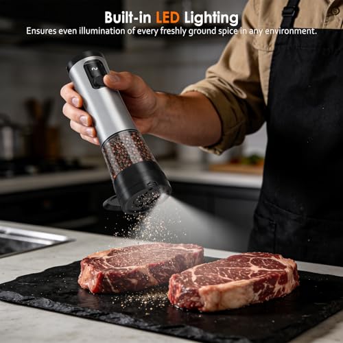 Rechargeable Electric Salt and Pepper Grinder Set with LED Light, 5-Level Adjustable Coarseness, 2-Speed Automatic Mills, 2 x 100ml Large Capacity, Black | Automatic Electric Salt and Pepper Shakers with Large Capacity, 2-Speed Setting, 5-Level Adjustable