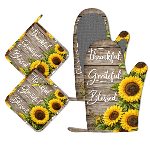 Wood Sunflower Oven Mitts and Pot Holders Sets of 4 PCS, Thankful Grateful Blessed Oven Gloves Potholder for Kitchen Cooking Baking BBQ Heat Resistant - color: Thankful Grateful Blessed