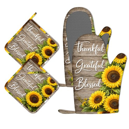 Wood Sunflower Oven Mitts and Pot Holders Sets of 4 PCS, Thankful Grateful Blessed Oven Gloves Potholder for Kitchen Cooking Baking BBQ Heat Resistant - color: Thankful Grateful Blessed