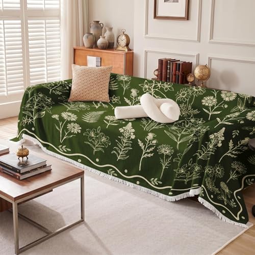 Couch Cover Blanket, Polyester, 71x118 Inch, Wildflower Floral | Botanical Vintage Green Decorative Non Slip Soft Washable Furniture Protector Throw for Sofa - color: Green