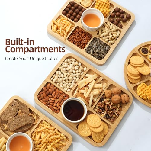 WILLKOMMEN Charcuterie Board with Lid- 5 Compartment Carbonized Bamboo Serving Tray with Locking Lid, Square Serving Platter Divided Serving Dishes for Party Cheese Snack Fruit - style: 5 Compartments-Square