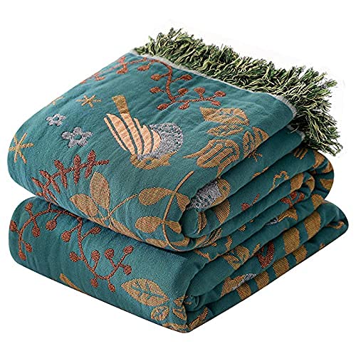 Bird Pattern Boho Throw Blanket for Bed Decor 80"×90" Teal/Cream | 4-Layer Gauze Breathable Reversible Muslin Blanket,Soft Lightweight All Season Quilt with Fringe,Multi-purpose Blanket - color: Animal Spring Bird, size: 80"x90"