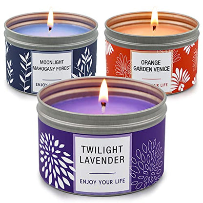 Scented Candle Gift Set for Women, 3 Pack Large Soy Wax Candles in Tins, 6.2 oz Each, 30-35 Hr Burn, Lavender, Orange Blossom & Mahogany Woods - size: Large 3-Tin Candle Set