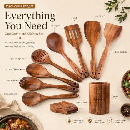 DOSTDR-10 Piece Wooden Cooking Utensil Set Teak Wood Cooking Spoon FoodSafe | NonStick Safe HeatResistant Durable Lightweight FoodSafe SeasonedTeak Ergonomic EasyClean EcoFriendly ScratchResistant