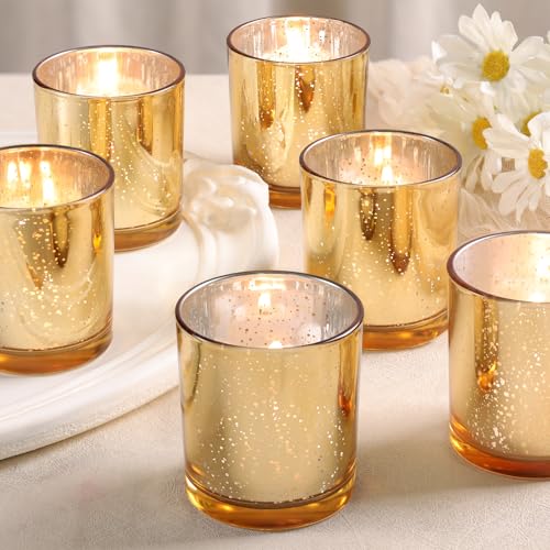 6 Pcs Large Gold Votive Candle Holders Tea Light Candle Holder Glass | Gold Candle Holders for Wedding, Table Centerpiece, Party and Holiday Decorations - color: Gold