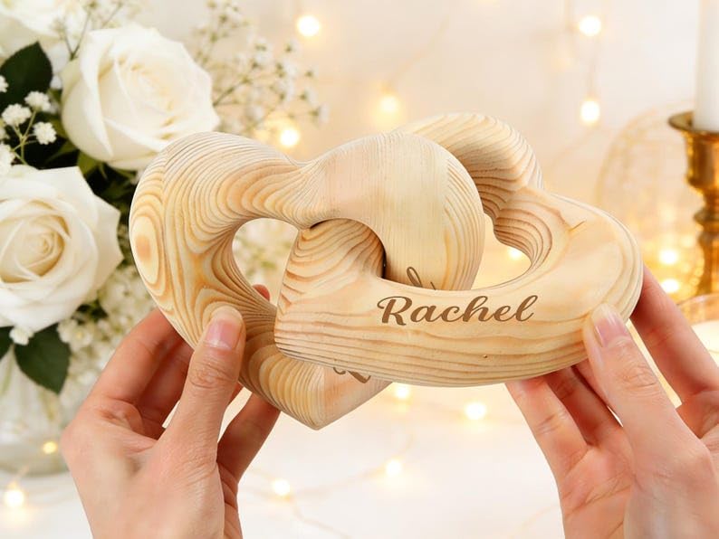 Personalized Interlocking Wooden Hearts, Custom Name Date Engraved Couple Gift, Wedding Anniversary Keepsake, Romantic Decor, Valentine Gift, Bridal Shower Gifts, Engagement Present 6 - color: Design 06