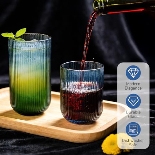 12 Piece Blue Ribbed Glassware Set, 14 oz Highball & 9 oz Rocks Glasses | Fluted Design, Blue Ribbed Glasses Cup Set for Milk, Water, Cocktail, Juice, Beer, ToothBrush Cup