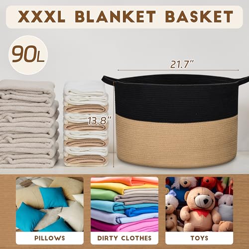 XXXLarge Woven Cotton Rope Basket (21.7" x 13.8") – Blanket Basket for Living Room, Laundry Hamper, Baby Laundry Hamper, Toy Storage, Pillows & Cushions Organizer (Black&Brown) - color: Black&Brown