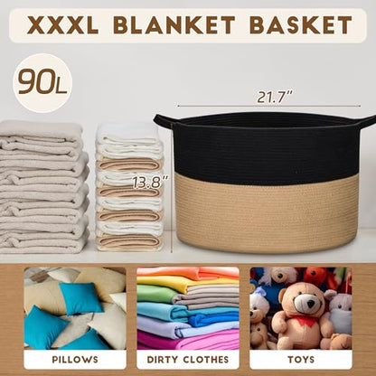 XXXLarge Woven Cotton Rope Basket (21.7" x 13.8") – Blanket Basket for Living Room, Laundry Hamper, Baby Laundry Hamper, Toy Storage, Pillows & Cushions Organizer (Black&Brown) - color: Black&Brown
