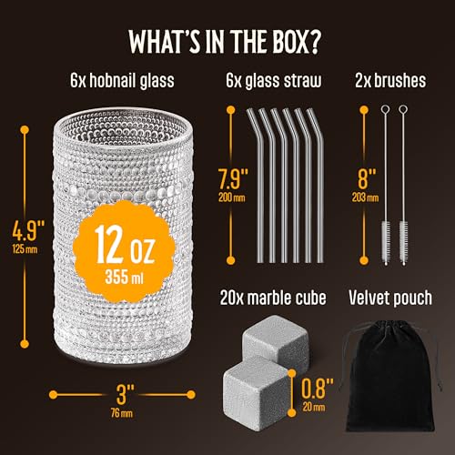 12 Oz Hobnail Drinking Glasses Set of 6 - Clear Multipurpose Glassware Sets, Decorative Glasses Drinking Set for Bar, Kitchen, Cocktail Glassware - w/Straws, Brushes, Ice Cubes, & Cloth Bag