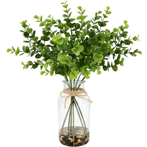 14" Artificial Eucalyptus Stems in Glass Vase with Faux Water Stones, Sage | Fake Eucalyptus Sage Leaves with Faux Water And Stones, for Indoor Table Centerpieces, Shelves, Farmhouse, Wedding Home Decor - color: Sage Green