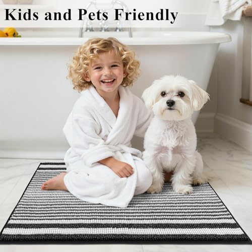 HEBE Chenille Bathroom Rugs Sets 3 Piece, Non Slip Washable Bath Mats Set | Absorbent Bathroom Mat Set, Soft Bath Rugs, Ultra Plush Bath Mat and U-Shaped Contour Toilet Rug Set for Tub Shower, Black - color: Black