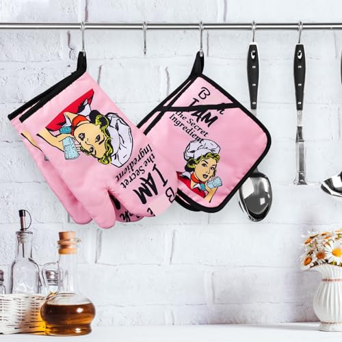 Funny Oven Mitts and Pot Holders Sets Cooking BBQ Non-Slip Quilting Grill Mitts Heat Resistant Housewarming Gifts I Am The Secret Ingredient - color: Pink