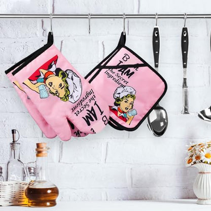 Funny Oven Mitts and Pot Holders Sets Cooking BBQ Non-Slip Quilting Grill Mitts Heat Resistant Housewarming Gifts I Am The Secret Ingredient - color: Pink