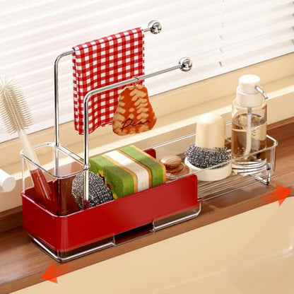 Expandable Kitchen Sink Caddy 25-38cm, 360° Rotating Sponge Holder & Brush | Red, large, stretchable 25-38cm. Side brush holder, triple drainage, rust-proof. Ideal for sponge & kitchen sink accessories. - color: Red