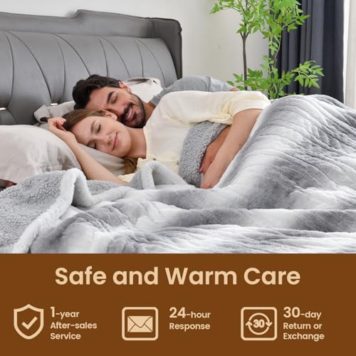 Bearhug Electric Blanket King Size 100" x 90" Dual Controllers Heated Blanket, 10 Heat Settings, 1-12 Hour Auto Shut-Off, Faux Fur & Sherpa Dual-Sided, Machine Washable, Gift-Ready Elegant Packaging - color: Silver Shade Gradient Stripe, size: King Size 1
