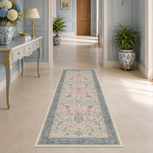Red Blue Cream Vintage 2x6 Hallway Runner Rug - Traditional Oriental Kitchen Rug for Floor, Washable Low Pile Carpet for Bedroom Under Bed, Non-Slip Stain & Fade Resistant - color: Blue & Red, size: 2' x 6' (Runner)