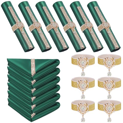 12 Pack Green Satin Bling Cloth Napkins & Gold Napkin Rings Set of 6 | 17x17 Inch Personalized Wedding Napkins, Square Fancy Dinner & Cocktail Napkins for Bridal Shower, Party Table Décor - color: Green
