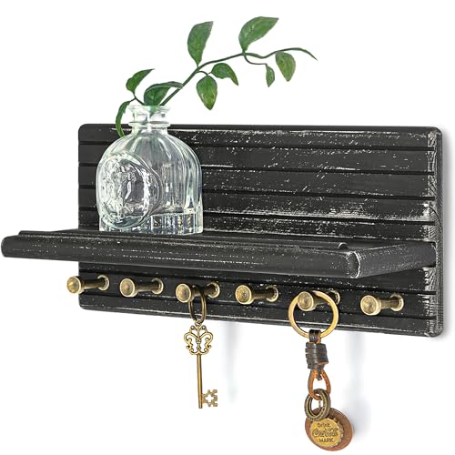 Rebee Vision Pine Key Holder Wall Mount for Home Decor, Old Black | Pine Wood, 6 Hooks, Key Holder for Wall, Floating Shelf, Mail Organizer, Hanging Accent, envelopes and Home Decor essentials - color: OldBlack, size: Medium-11inch
