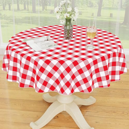 Smiry Plastic Table Cloth, Waterproof Vinyl Tablecloth with Flannel Backing, Wipeable Buffalo Plaid Table Cover for Picnic, Indoor and Outdoor (Red & White, 60" Round) - color: Red & White, size: 60" (Round)