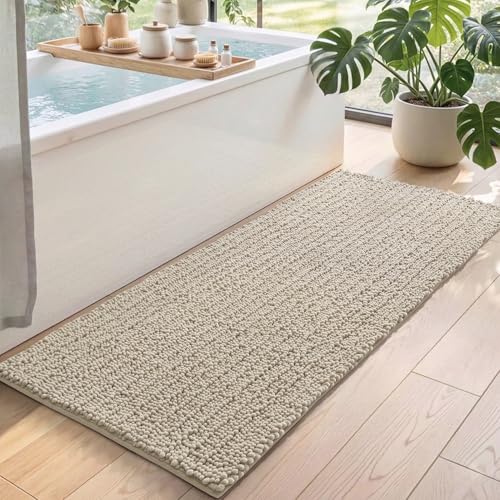 DEXI Bathroom Rugs 60x24, Super Soft Thick Chenille Absorbent Bath Mat, Non Slip Machine Washable Fluffy Shag Bathmat for Tub, Shower Floor, Beige - color: Beige, size: 60" X 24" (Rectangular)