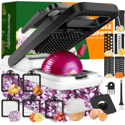15-in-1 Vegetable Chopper 10 Blades, Veggie Cutter with Handle, Black/White | Stainless Steel Blades, Food Container and Lid, Dicer, Slicer, Julienne, Egg Separator, Non-slip Base, Include Cleaning Tools - color: Black, size: 10 blades