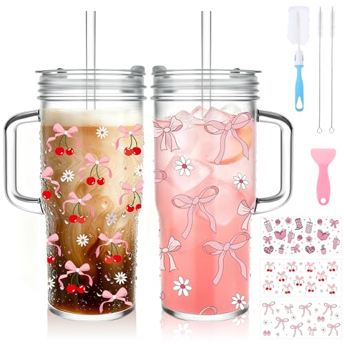 Birity 24oz Glass Tumbler with Handle, 2 Pack Pink Bow Cups with Lids, Straws & Decor Stickers, Reusable Iced Coffee Cup for Boba Tea, Smoothies, Juice, Christmas Holiday Gift for Women - color: 24 oz sticker version