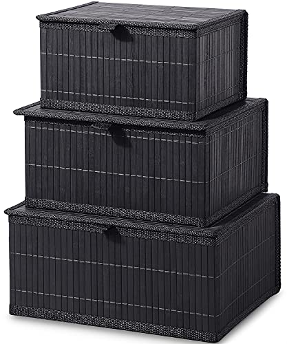 Honygebia Bamboo Decorative Storage Boxes - Set of 3 Woven Lined Storage Basket with Lids, Black Wicker Lidded Baskets for Home Kitchen Shelf Organizer Decor - color: Pure Black