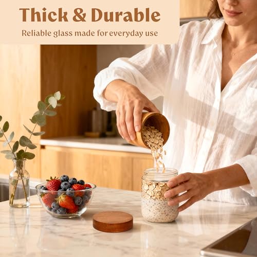 Overnight Oats Containers with Lids - Glass Mason Jars, Meal Prep | Acacia Wood, Airtight Silicone Seal Set of 4 - Stackable for Chia Pudding, Yogurt, Cereal, Oatmeal, Salad, Pantry Storage - color: 4 pack - Acacia no Spoon